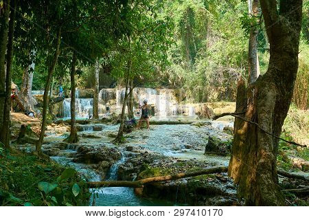 Luang Prabang. Laos. 04.20.2019. People Visit Kuangsi Waterfall