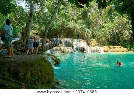 Luang Prabang. Laos. 04.20.2019. People Visit Kuangsi Waterfall
