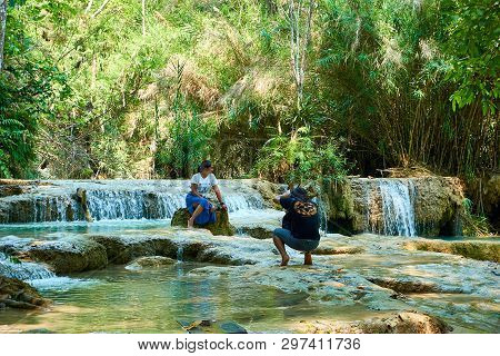 Luang Prabang. Laos. 04.20.2019. People Visit Kuangsi Waterfall.