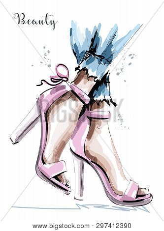 Hand Drawn Beautiful Stylish Pink Shoes. Female Legs In Shoes With Bows. Sketch. Vector Illustration