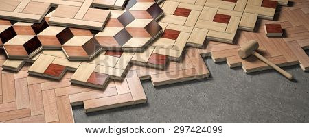 Wood parquet laid on the floor. House construction and renovation concept. 3d illustration