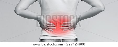 Kidneys Pain, Urolithiasis Disease. Female Body With Inflamed Loin, Panorama