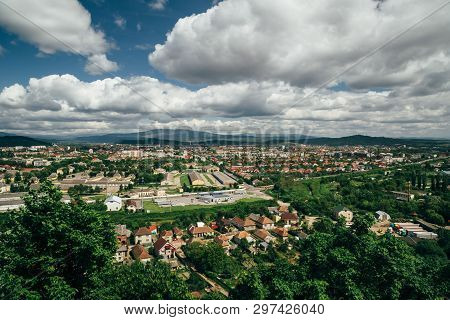 Beautiful Panoramic View Of Mukachevo, Ukraine From The Top Of The Palanok Castle Or Mukachevo Castl
