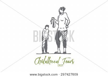 Son, Mom, Belt, Punishment, Angry, Fear Concept. Hand Drawn Mother Punish Son With Belt Concept Sket