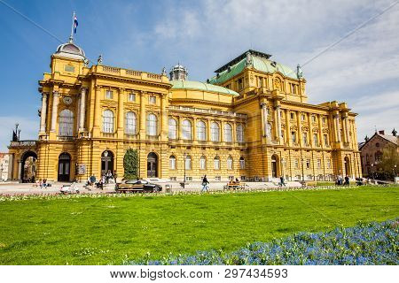 Zagreb, Croatia - April, 2018: The Historical Building Of The  Croatian National Theatre In A Beauti