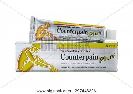 BANGKOK, THAILAND - DECEMBER 2015 : Box of Counterpain Plus, anti inflammatory and analgesic gel for osteoarthritis, arthrosis on white background on December 15, 2015 in Bangkok, Thailand