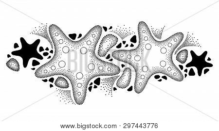 Vector Drawing With Dotted Starfish Or Sea Star And Pebbles In Black Isolated On White Background. H