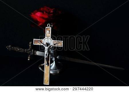 Crucifix With Wooden Inlay And Dagger Stiletto With Medieval Pattern On Bronze Handle And Tin Cup Fo