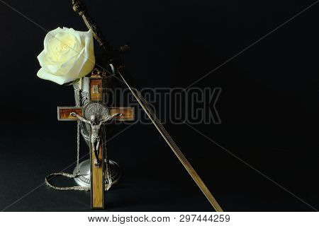 Rose In Tin Cup, Dagger-stylet And Crucifix With Inlay And Gilded Chain (souvenirs From Germany) On 