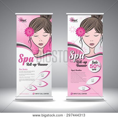 Roll Up Banner Template For Cosmetics, Make Up, Lipstick, Beauty, Spa With Beautiful Girl Vector. Ba