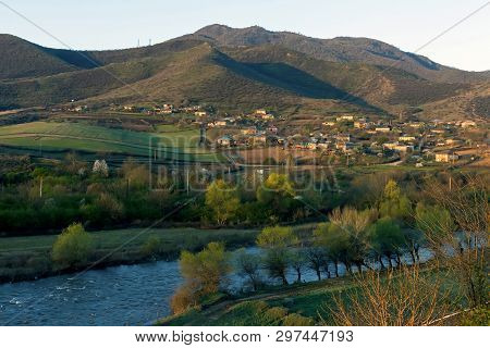 Landscape With The River Hrazdan And A Mountain Village In Armenia On An Early Morning.