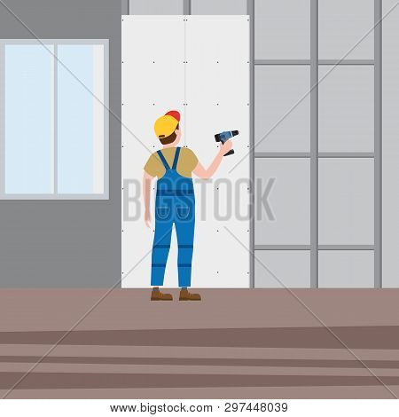 Professional Worker Man Installing Gypsum Plasterboard Panels With A Screwdriver In The Interior. Ve