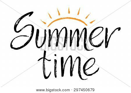 Dry Brush Lettering Composition With Text Summer Time. Logo Design Isolated On White Background. Vec
