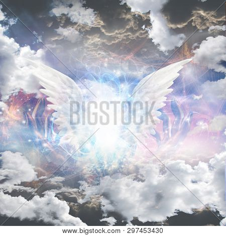 Angel of light. Glowing white wings in clouds. 3D rendering