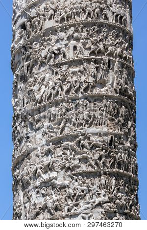 Architectural Detail From Of Ancient Marcus Aurelius Column In Front Of Palazzo Chigi In City Of Rom