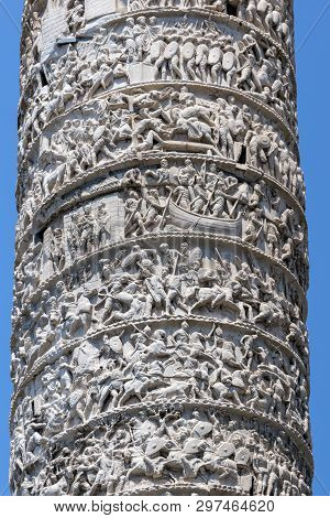 Architectural Detail From Of Ancient Marcus Aurelius Column In Front Of Palazzo Chigi In City Of Rom