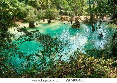 Luang Prabang. Laos. 04.20.2019. People Visit Kuangsi Waterfall.