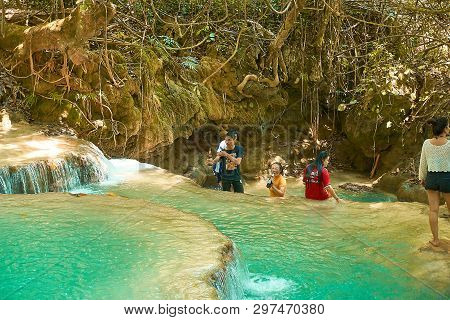 Luang Prabang. Laos. 04.20.2019. People Visit Kuangsi Waterfall.