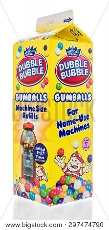 Winneconne, Wi -  22 April 2019: A Package Of Dubble Bubble Gumballs On An Isolated Background