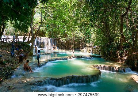 Luang Prabang. Laos. 04.20.2019. People Visit Kuangsi Waterfall.