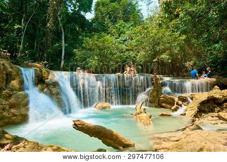 Luang Prabang. Laos. 04.20.2019. People Visit Kuangsi Waterfall.