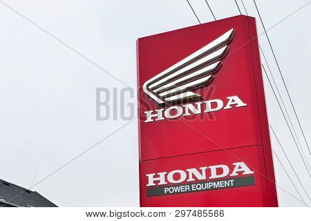 Senov, Czech Republic - April 12, 2019: The Banner Of A Honda Dealership With Red Colour And A Logo 