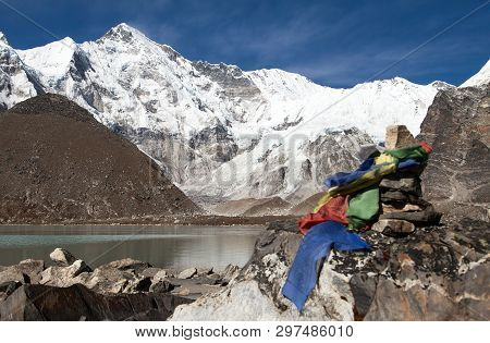 Mount Cho Oyu And Stone Pyramid With Prayer Flags, Way To Cho Oyu Base Camp, Everest Area, Sagarmath