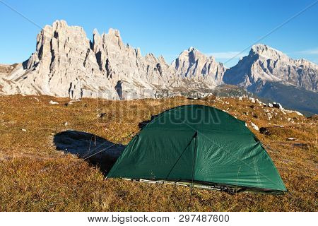 Panoramic View Of Cima Ambrizzola, Croda Da Lago And Tofano Gruppe With Green Tent, Dolomites Mounta