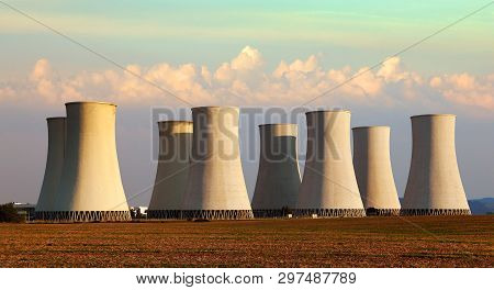 Evening Colored Sunset View Of Nuclear Power Plant Cooling Towers Jaslovske Bohunice - Slovakia