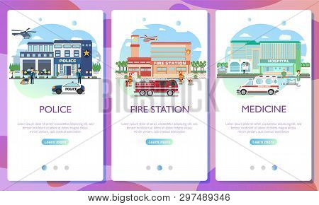 Web Page Design Templates. Emergency Services Building. City Hospital Building With Ambulance, Fire 