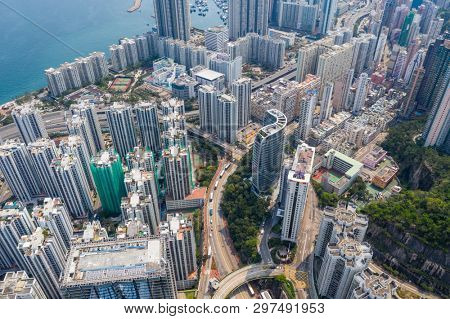 Shau Kei Wan, Hong Kong, 19 March 2019: Aerial view of Hong Kong city