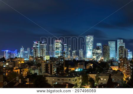 Panoramic view of the Tel-Aviv and Givatayim Skyline At Night, Israel