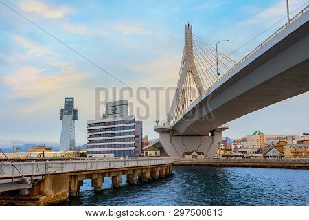 Aomori, Japan - April 23 2018: Aomori Bay Bridge Is A Cable-stayed Bridge. It Was Constructed In Ord