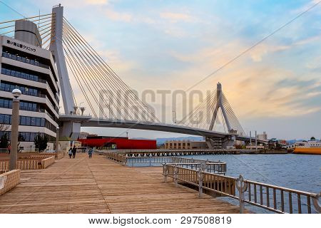 Aomori, Japan - April 23 2018: Aomori Bay Bridge Is A Cable-stayed Bridge. It Was Constructed In Ord