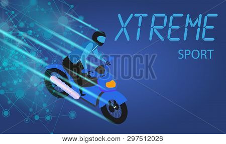 Xtreme Sport Banner. Moyobiker In Helmet Riding Blue Motocycle. Motocross, Competition. Speed Racing