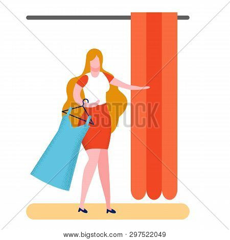 Buyer In Fitting Room Flat Vector Illustration. Woman Choosing Dress Size. Teenager Buying Prom Gown