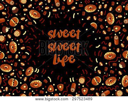 Chocolate Candy Frame Of Choco Candies On Black Background. Chocolate Candy Banner, Top View, Flat L