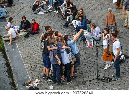 Gent, Belgium - Oct 6, 2018. Many People Enjoy On Waterfront In Gent, Belgium. Ghent (gent) Is One O