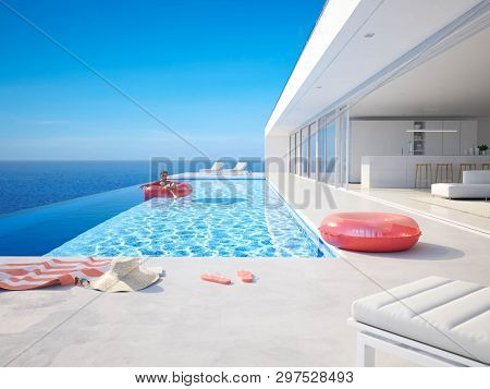 3d-illustration. Modern Luxury Infinity Pool With Summer Accessoires