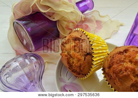 Handmade Sweet Dessert, Cupcake With Violet Bottle And Vintage Shawl