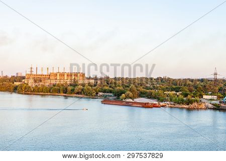 Tehermal Power Plant On The Riverside. Industrial Landscape