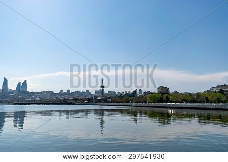 Baku, Azerbaijan - April 13, 2019: Baku Flame Towers Is The Tallest Skyscraper In Baku, Azerbaijan