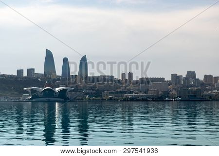 Baku, Azerbaijan - April 13, 2019: Baku Flame Towers Is The Tallest Skyscraper In Baku, Azerbaijan
