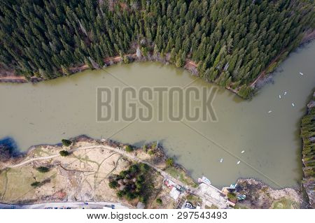 Aerial drone view of Red Lake between Hasmas Mountains in Transylvania, Romania.