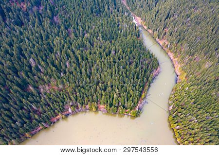 Aerial drone view of Red Lake between Hasmas Mountains in Transylvania, Romania.