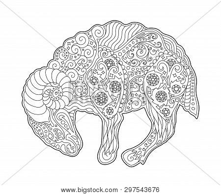 Beautiful Coloring Book Page With Black And White Zodiac Symbol Aries On White Background
