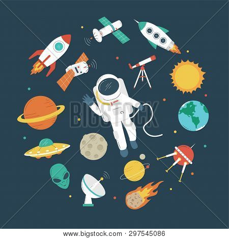 Space Objects. Astronaut, Rocket, Planets, Ufo, Satellite, Etc