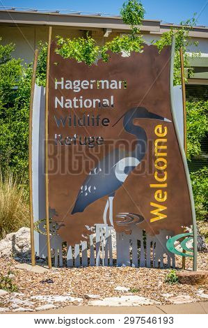 Hagerman Wildlife Refuge, TX, USA - May 6, 2018: A welcoming signboard at the entry point of the preserve park