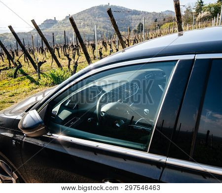 Ribeauville, France - Apr 19, 2019: Interior View Of New Peugeot 306 Car With Plastic Protection Fil