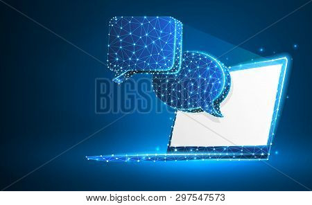 Chat Clouds On White Notebook Screen. Device, Communication, Dialog, Text Boubble Concept. Abstract,